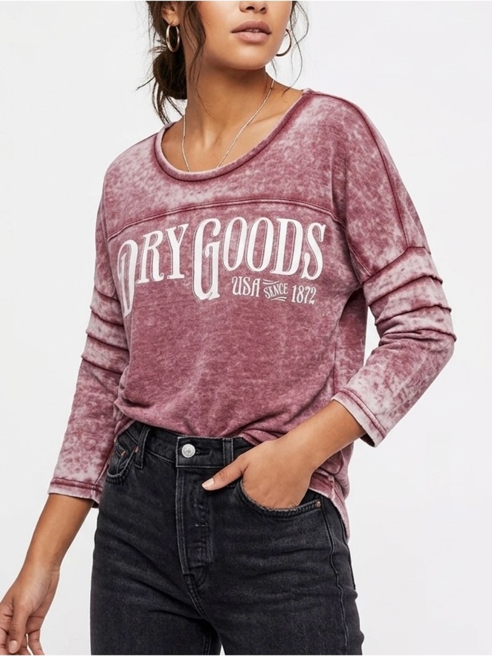 CHANCE OR FATE Dry Goods Acid Wash Ribbed Sleeve Pullover - Rosewood S